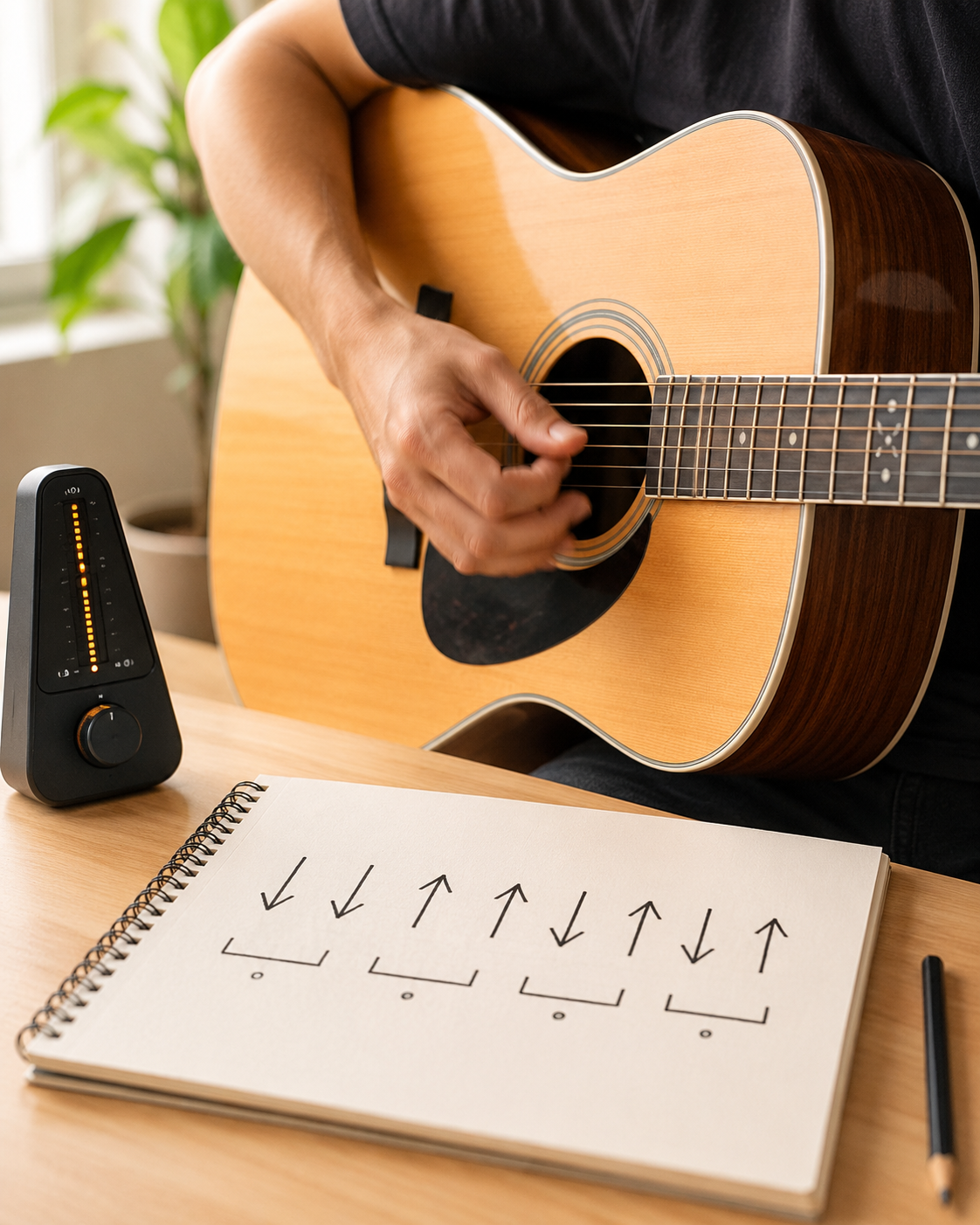 Aluno treinando ritmo no violão com metrônomo
